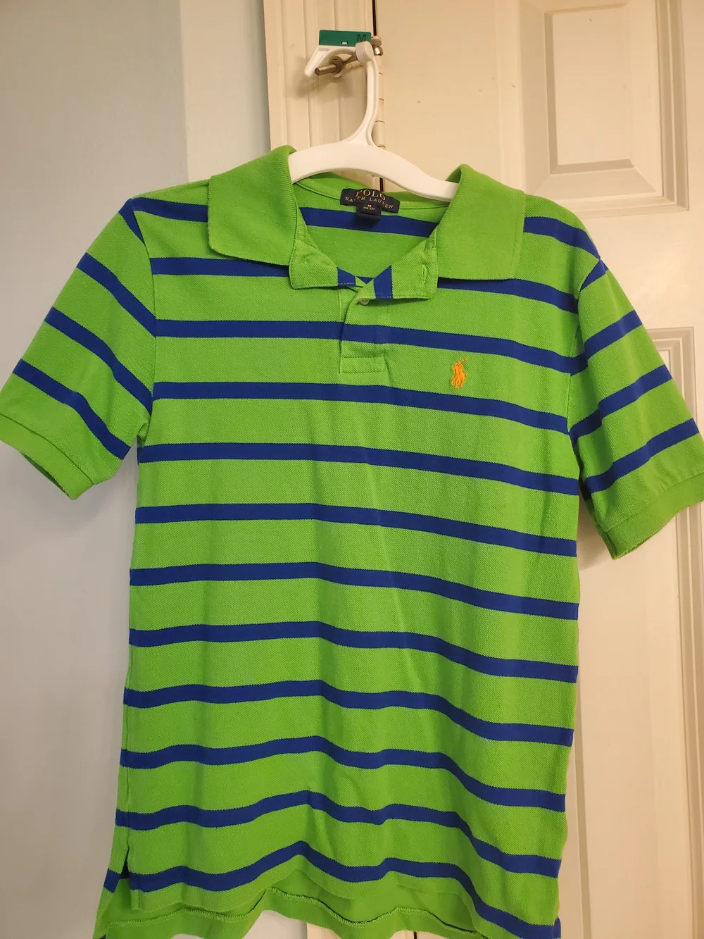 Ralph Lauren Green & Blue Striped Polo with Orange Logo